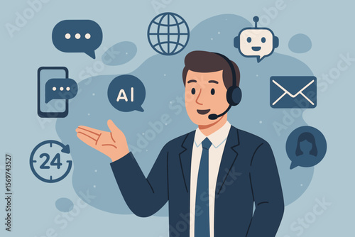 Businessman Providing 24/7 Digital Customer Support with AI Chatbot, Global Communication, Messaging, Email, Online Helpdesk Icons, Contact Us Service Concept Illustration