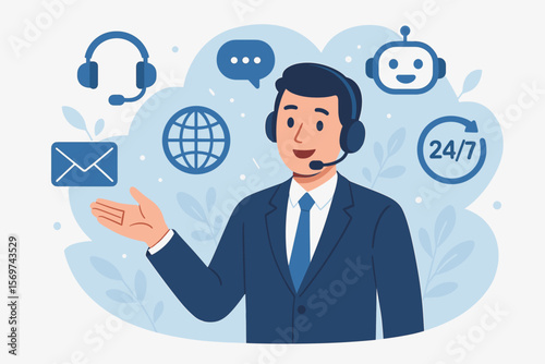 Customer support representative with headset offering digital assistance, global communication, chatbot, email, 24/7 online helpdesk, business contact us concept illustration