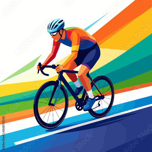 Dynamic Cyclist Pedaling on a Road with Abstract Colorful Background for a Race