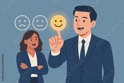 Business customer service satisfaction concept. Businesspeople in suits selecting happy smiley face on virtual screen. Client feedback, rating, positive review, quality service.