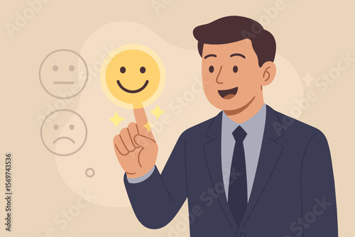 Businessman Touching Virtual Happy Smile Face Icon for Customer Service Satisfaction, Positive Feedback, Client Experience, Rating Evaluation, Quality Support, Service Excellence