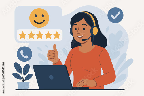 Customer service representative giving thumbs up, five star rating, positive feedback, excellent support, headset, online help, satisfaction, modern flat vector illustration