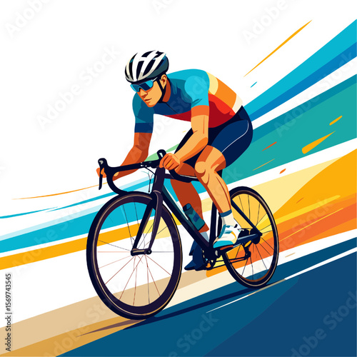 Dynamic Cyclist Racing with Speeding Bike in Colorful Abstract Illustration Style Wearing Helmet and Glasses Against Gradient Background