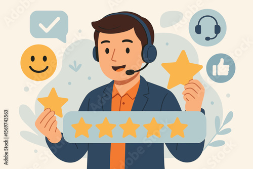 Customer service representative headset five star rating satisfaction. Positive feedback business support. Client experience review. Smiling agent thumbs up modern cartoon vector
