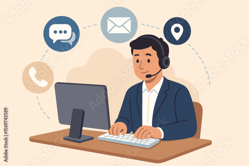 Customer support hotline concept. Businessman at computer with headset, email, phone, chat, location icons. Contact us, communication, online service, call center, help desk vector
