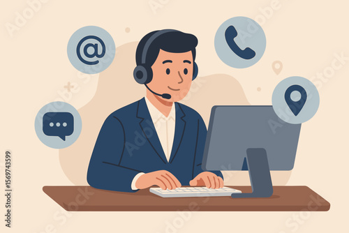 Customer support hotline operator at desk with headset, computer, email, phone, chat, location icons. Contact us service, business communication, online assistance vector illustration