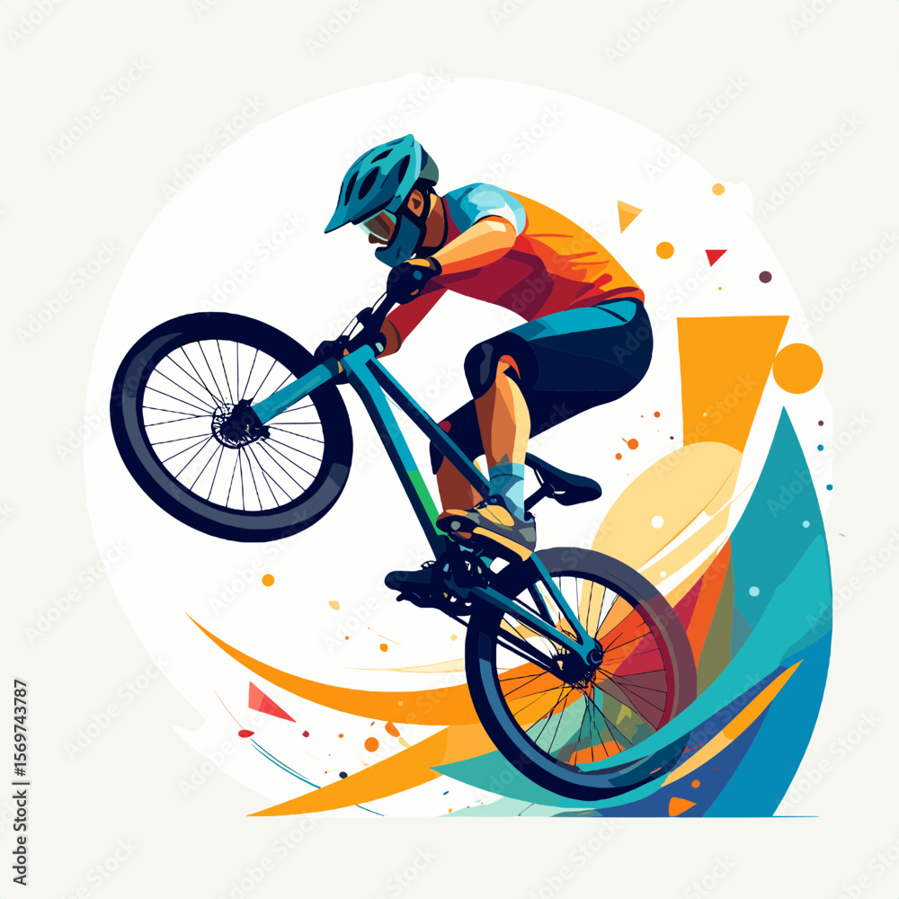 Naklejka premium Dynamic Mountain Biker Performing Wheelie with Abstract Graphic Elements on White Background Wearing Blue Helmet and Orange Jersey