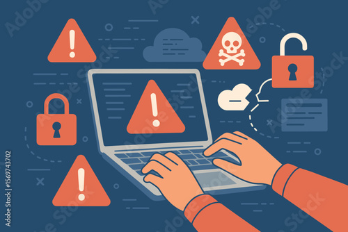 Cybersecurity threat alert concept. Hands typing on laptop with warning signs, data breach, malware attack, hacker, phishing, ransomware, IT system security risk, lock icons