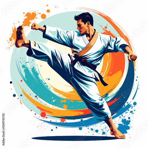 Dynamic Karate Athlete Kicking with White Gi and Orange Belt Against Colorful Abstract Background in Digital Art Style