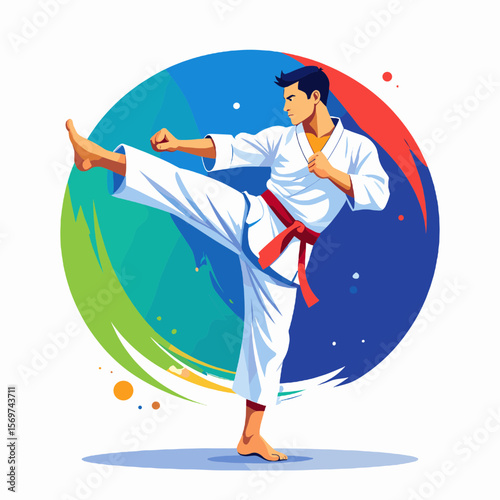 Dynamic Karate Athlete in White Uniform Kicking with Red Belt Against Colorful Circular Background Active Sport Martial Arts Graphic Illustration