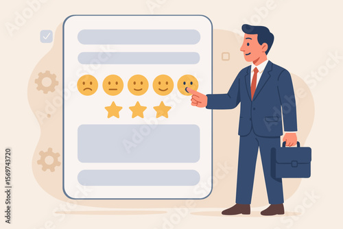 Businessman interacting with digital feedback form interface, selecting satisfaction rating, customer survey, online review, user experience, virtual onboarding, contact form concept