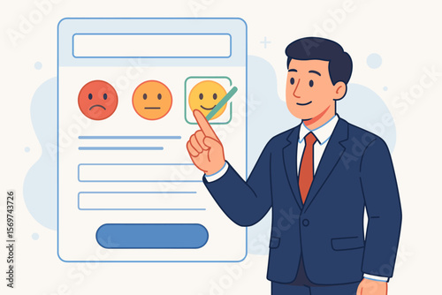 Businessman Selecting Positive Feedback on Digital Survey Form Interface. Customer Satisfaction, Online Review, User Experience, Client Survey, Digital Onboarding, Feedback Concept