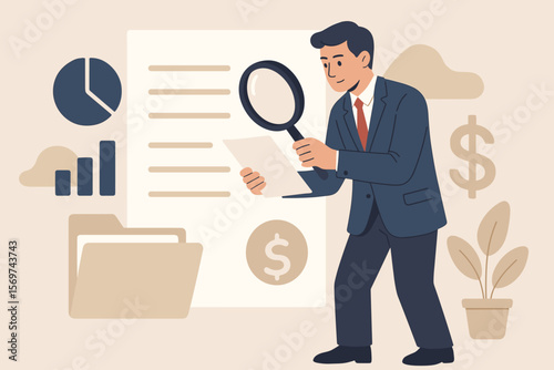 Businessman Analyzing Financial Documents, Contract Validation, Budget Review, Data Analysis, Search for Files, Audit, Report Inspection, Corporate Agreement Verification Concept