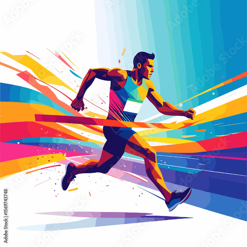 Dynamic Male Athlete Running Fast with Colorful Abstract Background in Sports Themed Digital Artwork