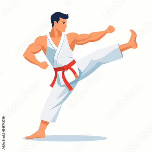 Dynamic Karate Stance Man in White Uniform with Red Belt Performing High Kick with Focus and Determination on Plain Background