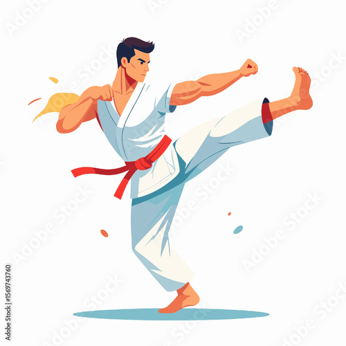 Dynamic Martial Artist in White Uniform Kicking with Red Belt Against a White Background Demonstrating Strength and Athleticism Through Vector Illustration