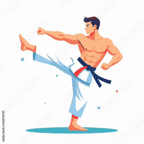 Dynamic Martial Arts Stance Striking Figure in White and Blue Pants against Plain Backdrop in Vector Illustration