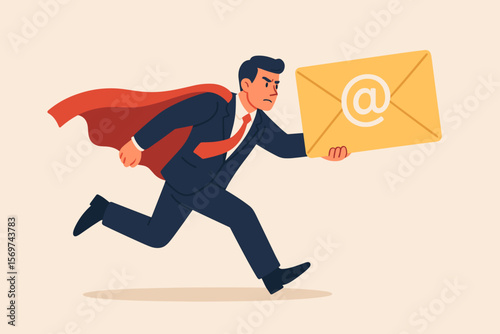 Superhero businessman running with giant email envelope, symbolizing motivation, purpose, achieving business goals, overcoming challenges, fast communication, success, leadership