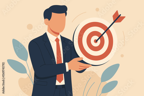 Businessman Holding Target Bullseye, Arrow Hitting Center, Focus, Goal Achievement, Success, Precision, Ambition, Leadership, Motivation, Business Objective, Challenge