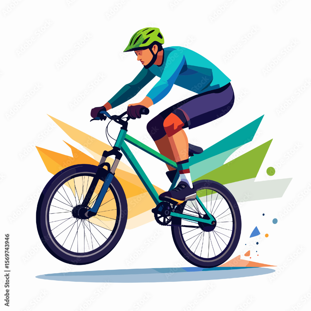 Naklejka premium Dynamic Teal Mountain Biker with Green Helmet and Geometric Accents in an Energetic Action Graphic Illustration
