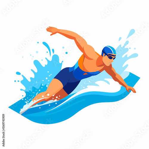 Dynamic Swimmer in Blue Water Performing Butterfly Stroke with Speed and Power Illustration on White Background