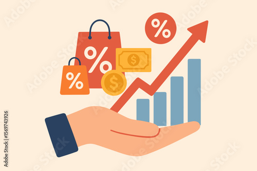 Hand Holding Bar Graph with Upward Arrow, Shopping Bags with Percent Sign, Money, Special Offer Discount, Retail Sales Growth, Interest Rate Adjustment, Tax Concept Illustration