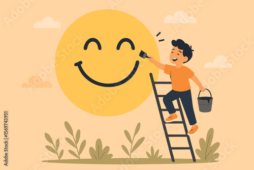 Happy boy climbing ladder painting big smiley face on wall, happiness and positive thinking concept, optimism, motivation for joyful and bright life, vector cartoon