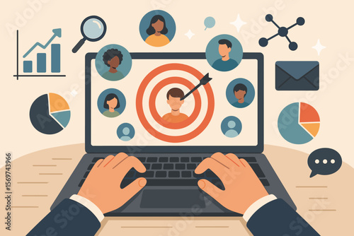 Digital marketing audience segmentation concept with hands typing on laptop, customer targeting, CRM strategy, data analytics, personalization, business communication icons