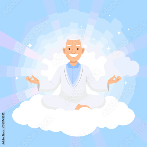 Elderly Man Meditating on a Cloud in Serene Light with Eyes Closed and White Outfit Against a Soft Blue Sky