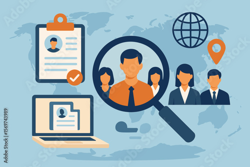 Human Resource Management Recruitment Concept. Global Job Search, Candidate Selection, Online Resume, Internet Hiring, Magnifying Glass, Employee Profile, Career Opportunity