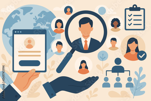 Global Human Resource Management Recruitment Concept. Online Job Search, Resume Registration, Candidate Selection, Internet Hiring, Magnifying Glass, Employee Evaluation, HRM Icon