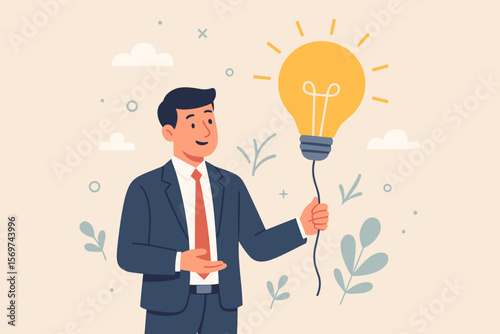 Businessman holding glowing lightbulb symbolizing innovative ideas, creative solutions, business advice, tips for success, improvement, smart strategy, and professional growth concept