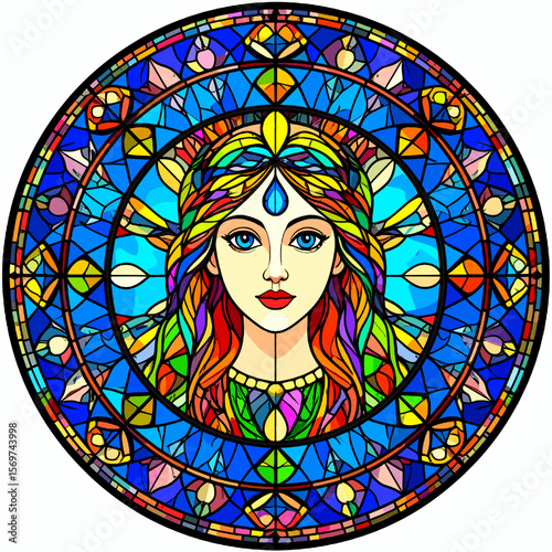 Elaborate Stained Glass Style Portrait of a Woman with Intricate Patterns and a Vibrant Color Palette Featuring Blue Yellow and Red Tones