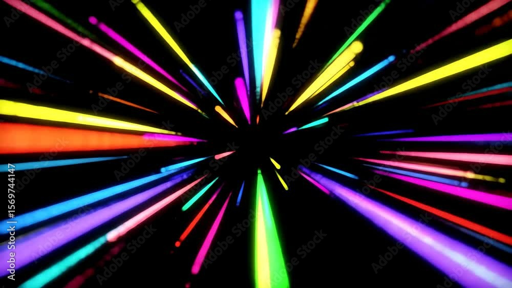 Vibrant multicolored neon light streaks creating a high-speed warp effect animation on a black background