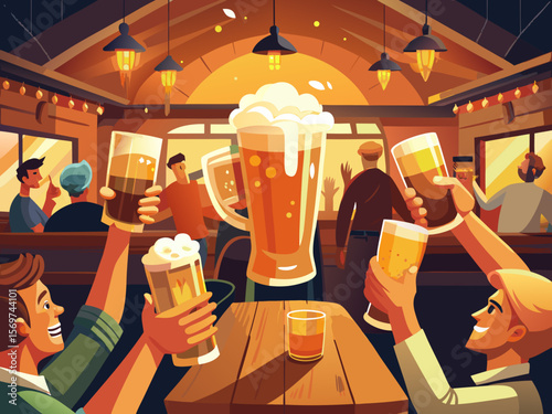 Friends Celebrating with Beer at Pub