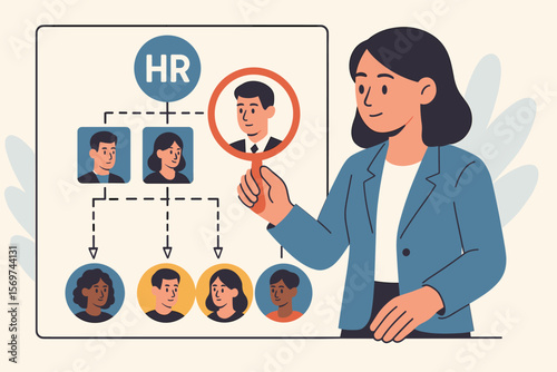 Human resource management illustration with HR manager analyzing organizational chart, selecting team leader, recruitment process, employee structure, leadership, staff hierarchy