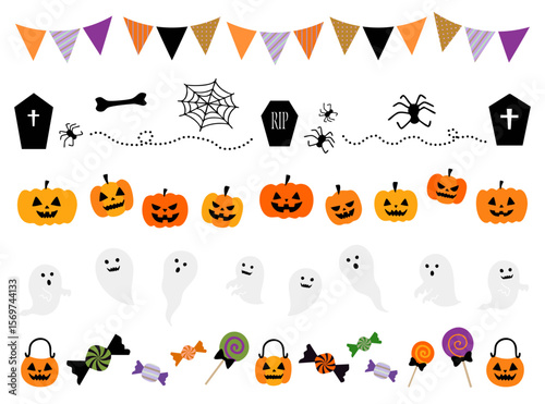 ハロウィンのラインイラストセット(幽霊 おばけ かぼちゃ お菓子 蜘蛛の巣 墓 ベクター 編集可能)