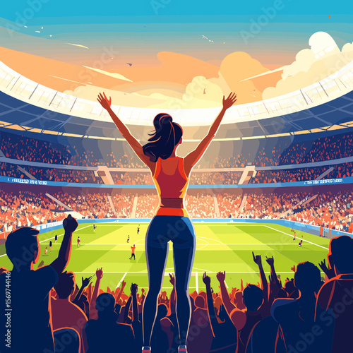 Enthusiastic Crowd Cheering in Vibrant Pixel Art Stadium at Sunset Sporting Event Filled with Orange and Blue with Spectators and a Lone Woman with Arms Up