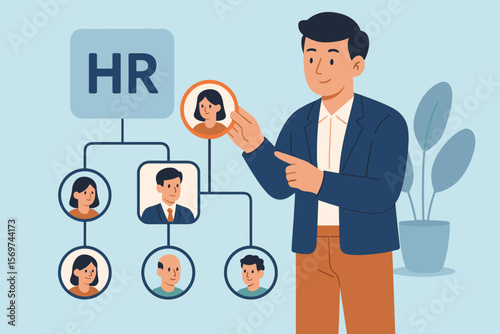 Human resources management illustration with HR manager organizing team structure, selecting leader, employee hierarchy, staff organization, business workflow, leadership concept