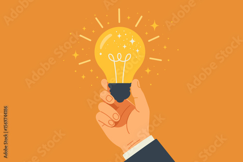 Creative inspiration concept. Hand holding glowing light bulb. Idea innovation, creativity, imagination, brainstorming, bright solution, spark of genius, motivation, success.