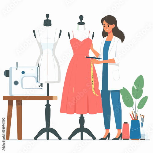 Fashion Designer Measuring Dress on Mannequin with Sewing Machine and Plants in Fashion Studio Creating Garments with Tape Measure