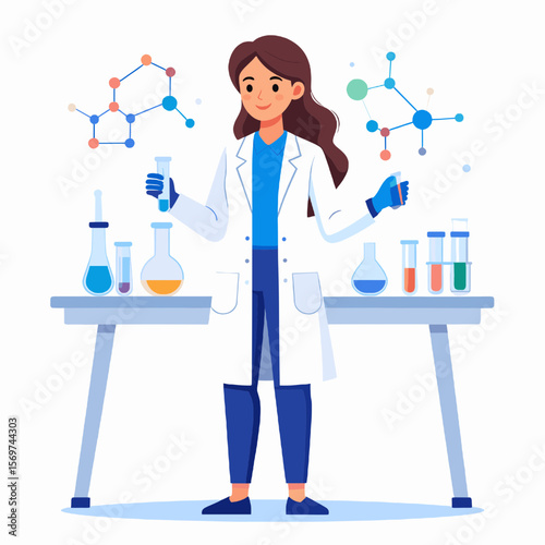 Female Scientist in White Coat Holding Test Tubes in a Lab with Blue and Orange Liquid Conducting Scientific Research and Experimentation on a Light Gray Table