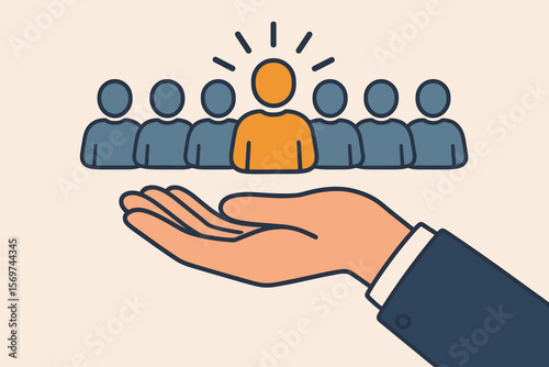 Leadership and Team Management Concept with Standout Individual Highlighted Among Group, Hand Support, HR, Recruitment, Talent Management, Organizational Growth Illustration