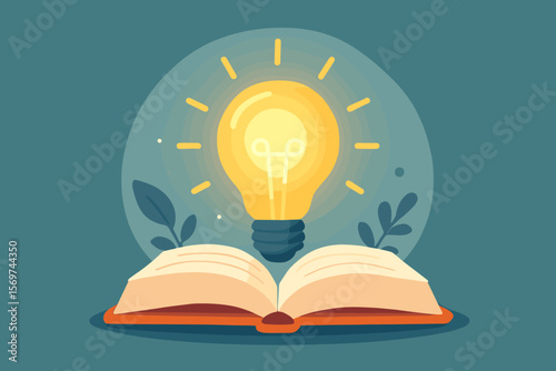Glowing Light Bulb on Open Book Symbolizing Inspiration, Creativity, Innovation, Self Learning, Knowledge, Education, Business Study, Reading, Modern Vector Concept
