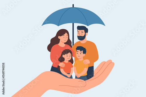 Life insurance family protection concept, caring parents and children under umbrella, financial security, risk coverage, supportive hand, safety, happy family, insurance metaphor