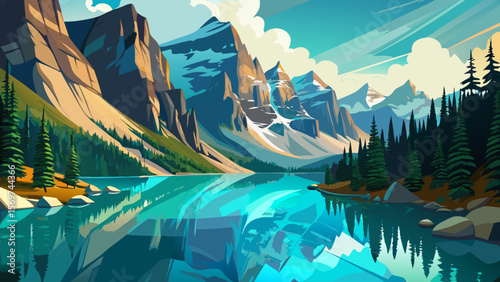 Moraine Lake, Alberta – Turquoise waters reflect jagged mountain peaks with surreal clarity, while light morning mist rises gently in the background.