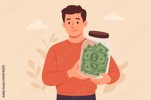 Man holding glass jar full of dollar bills, donation and charity fundraising concept, saving money, financial support, economic relief, giving, coronavirus stimulus package