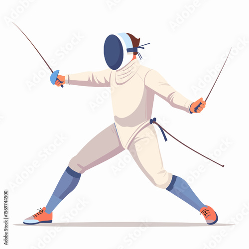 Fencer with Mask Holds Foil During Sport Tournament in White Uniform with Blue Leggings and Orange Shoes