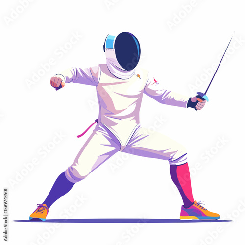 Fencer in White Uniform with Foil Sword Ready to Attack in Action Stance Isolated on White Background