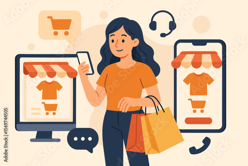 Omnichannel marketing concept, young woman shopping online and offline, customer buying products via website, mobile app, digital store, multichannel retail experience